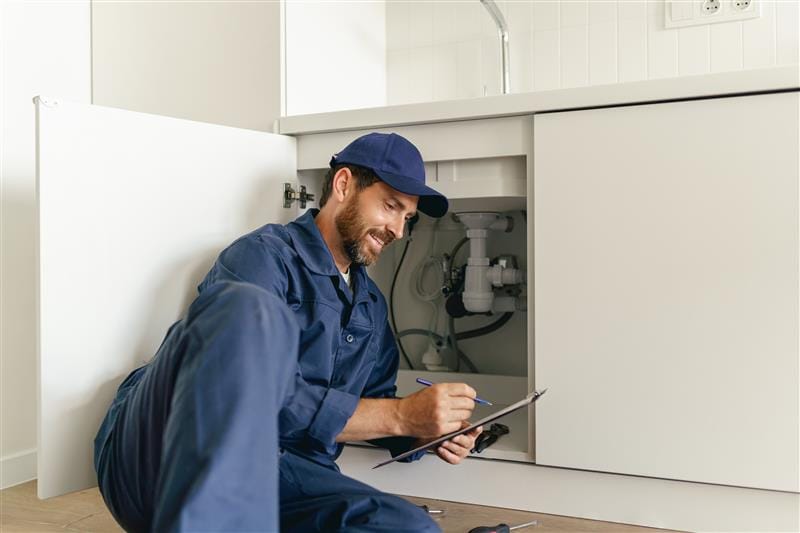 Residential plumber reviewing plumbing repairs in a Chandler kitchen