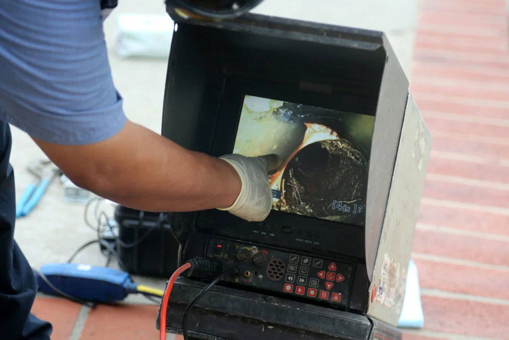 Technician viewing a drain inspection camera in Chandler