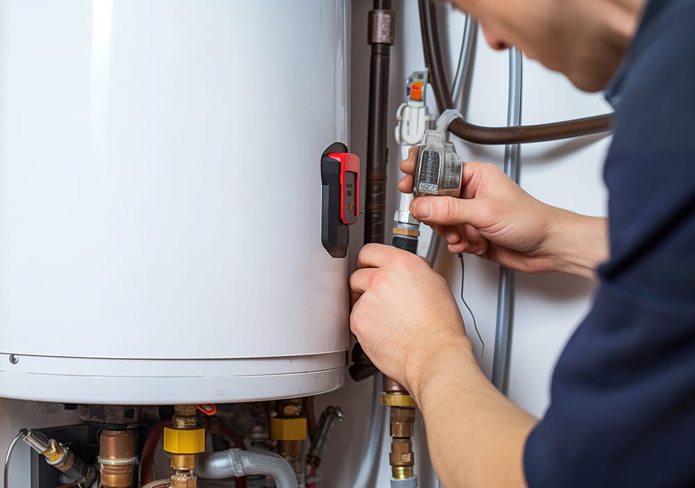 Technician repairing pipes connected to a water heater in Chandler